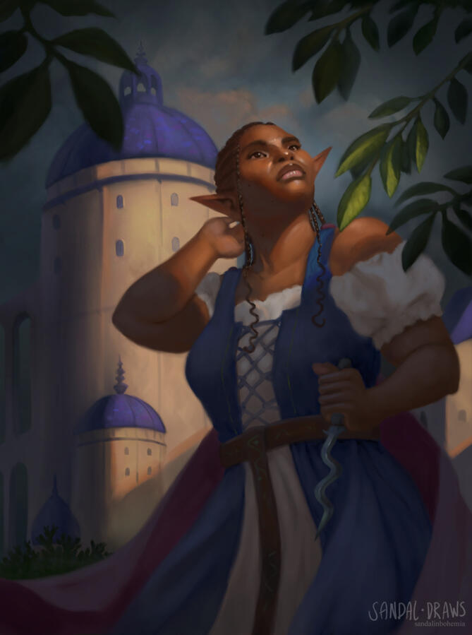 A Black elven woman with a dagger on a backdrop of spires.