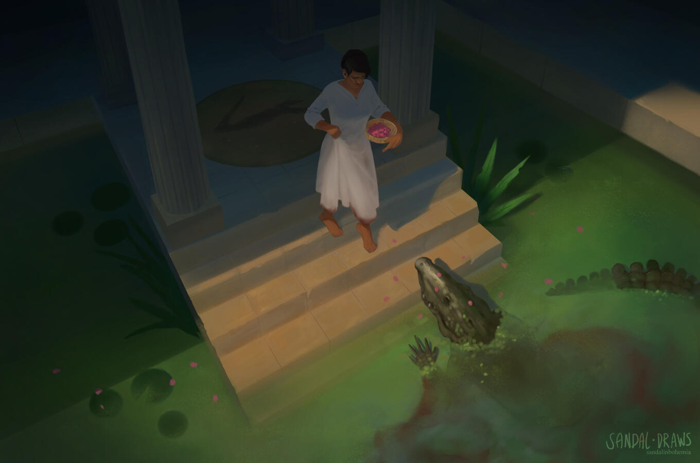 A digital painting of a pond in the patio of a temple, covered in green duckweed with waterlilies floating about. A young woman with dark hair ascends the stairs in the middle of the canvas, holding a basket with pink petals that are also strewn on top of