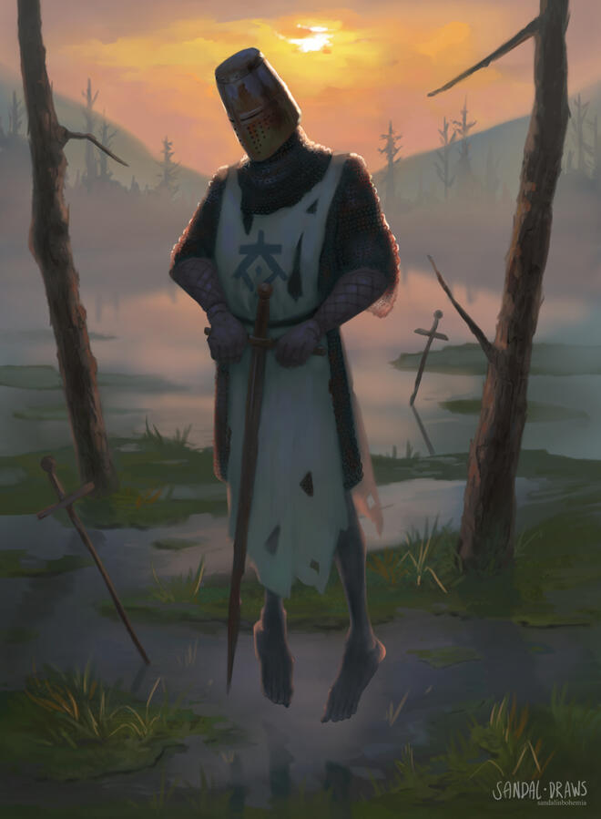 A digital painting of a floating knight wearing a crusader helmet and chainmail above bare, dead feet, carrying a rusty sword in their hands, in a bog. The sun rises behind them, silhouetting the other rusty swords sticking out of the water.