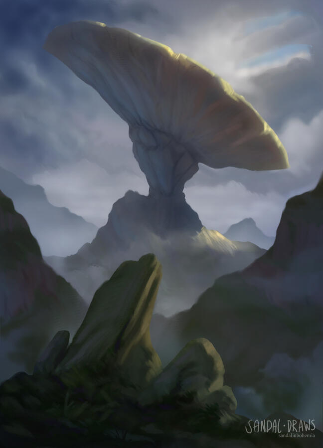 A digital painting of a mountainous landscape with a gigantic mushroom-shaped rock in the distance, lit from the top through gaps in the cloud deck.