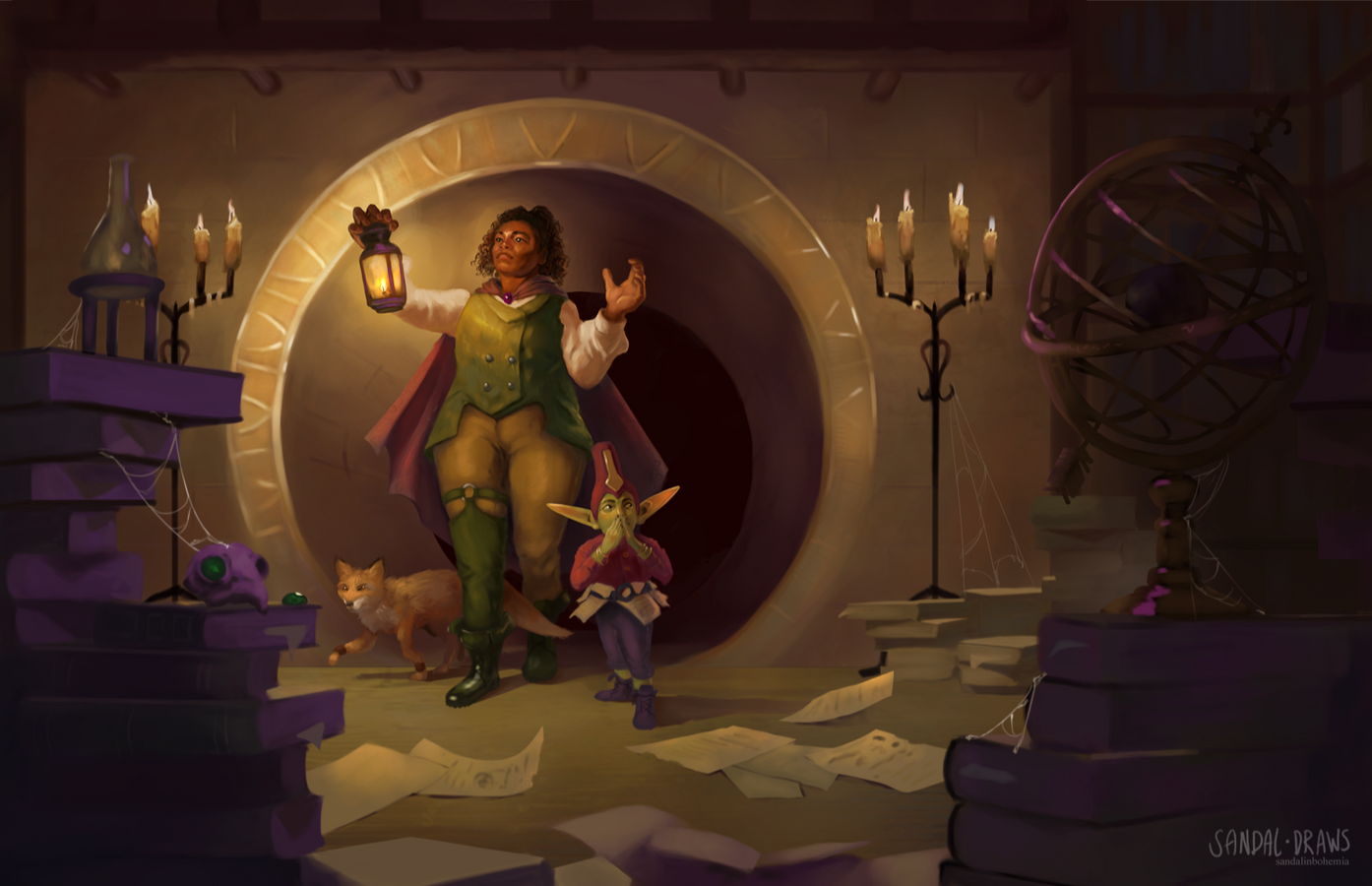 A digital painting of a Black adventurer with their wavy hair in a high ponytail, wearing a purple cape, green waistcoat, and beige pants standing in front of a circular golden entrance holding up a lantern.