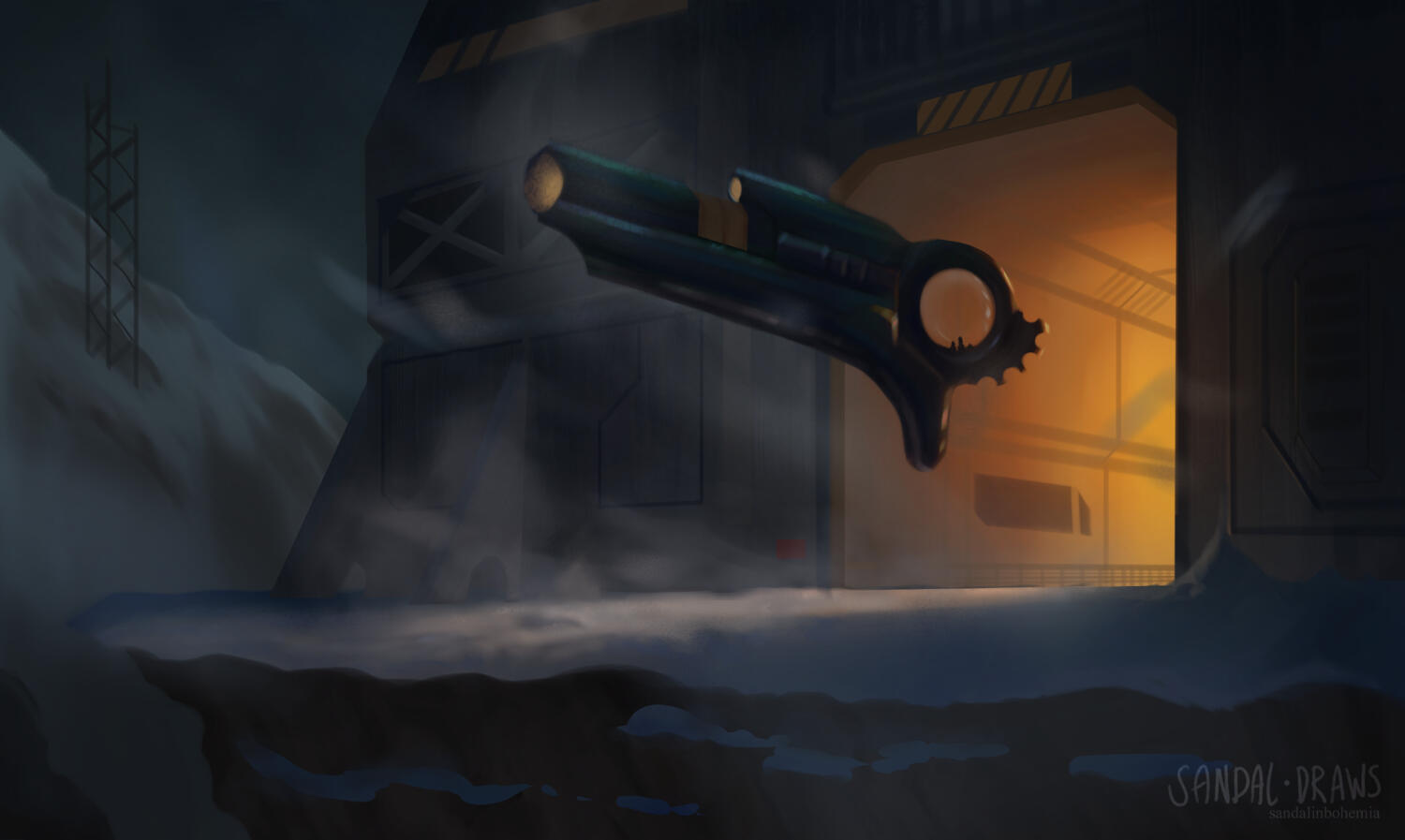 A digital painting of a gun-shaped spaceship with miniscule people in the cockpit flying towards an orange, glowy entrance in a brutalist building atop a snowy cliff in the middle of a snow storm.