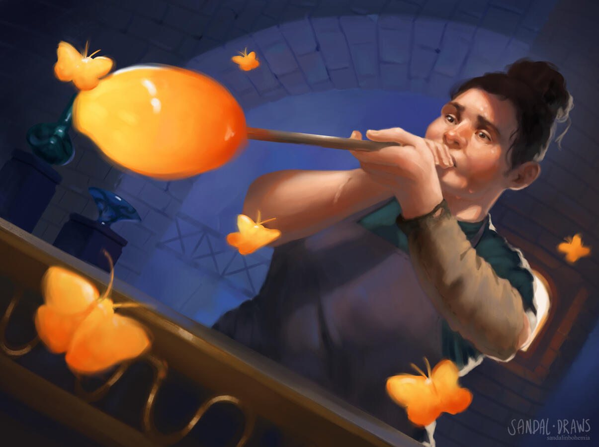 Digital painting of a Glassblower with molten butterflies fluttering about.