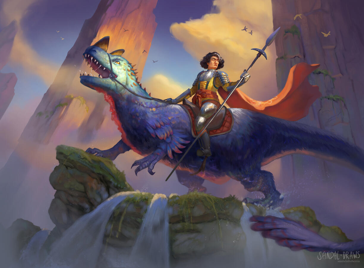 A digital painting of a middle aged woman brandishing a spear atop a ceratosaurus.