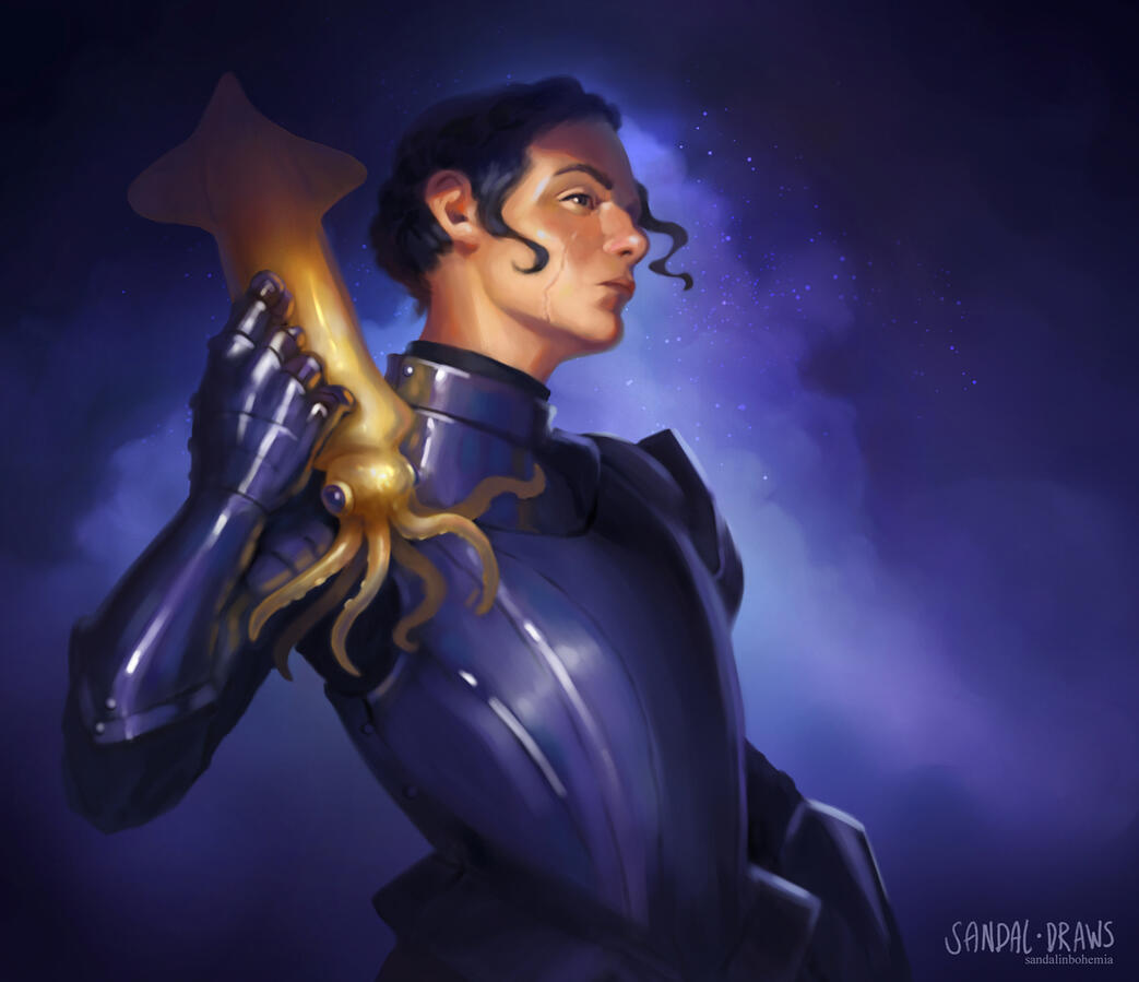 Digital painting of a white woman in dark armor caressing a yellow squid.