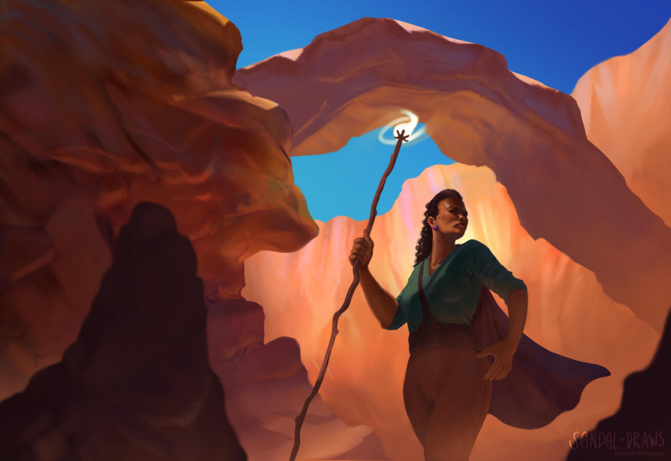 A digital painting of a Black woman with a long wavy ponytail carrying a thin wooden staff with a magic light on top, wandering through a desert canyon underneath a blue sky in awe, yet on her guard.