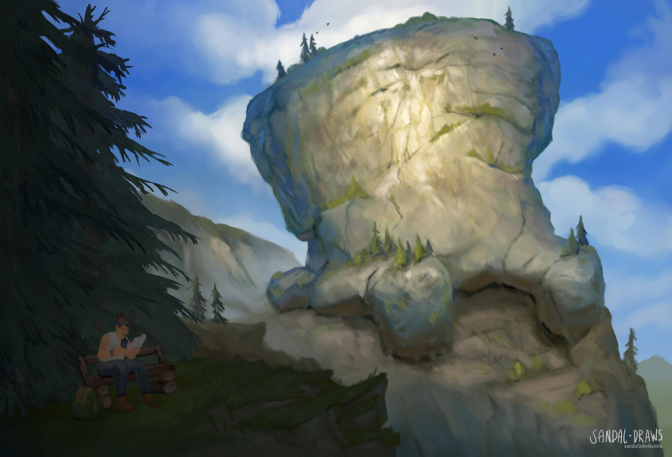 A digital painting of a gigantic rock figure resting atop a cliff with a person resting on a bench in the foreground.