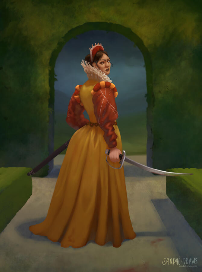A digital painting of a woman in a yellow renaissance dress with red sleeves holding a bloodied sword amidst green hedgerows, looking across her shoulder. Through the hedge-arch behind her, thunderclouds are rolling in.