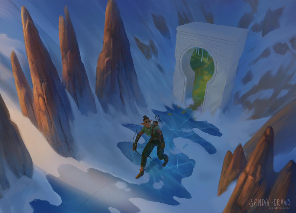A digital painting of a jagged, icy landscape in which an elf, clad in green with a drawn bow, walks through a gate on the other side of which spreads a lush green forest. We look from above. The elf looks lost in the icy landscape, ready for anything.