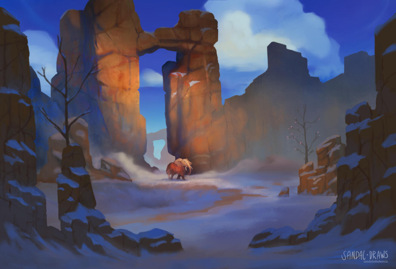 A digital painting of a snowy landscape with tall orange outcrops with deep blue shadows. Through the landscape wanders an elephant-like creature with fur on its body. One of the barren trees is starting to show blossoms.
