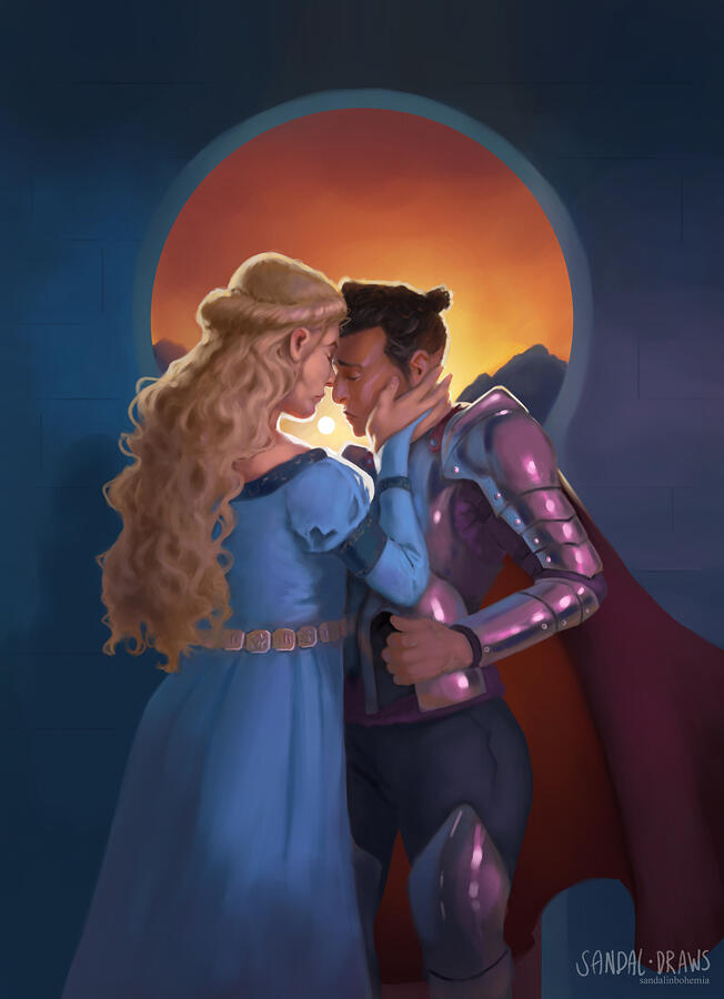 A digital painting of two women, one in a blue dress, the other in plate armor, resting their heads together. They look distraught, as though it's the last time they'll see each other.