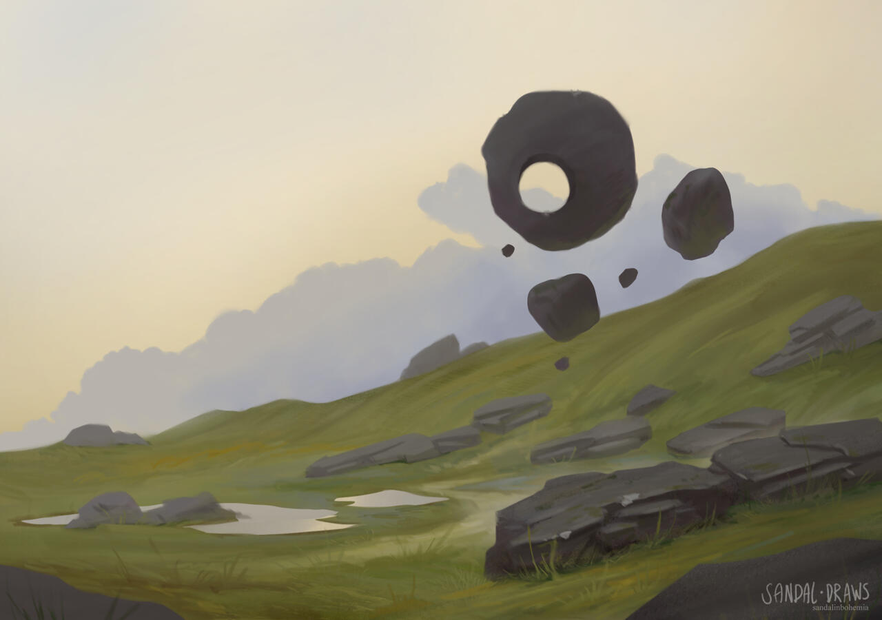 A digital painting of a green hill with rocks and puddles of water on it. Several round rocks float above the landscape on a background of light blue clouds and a light yellow sky.