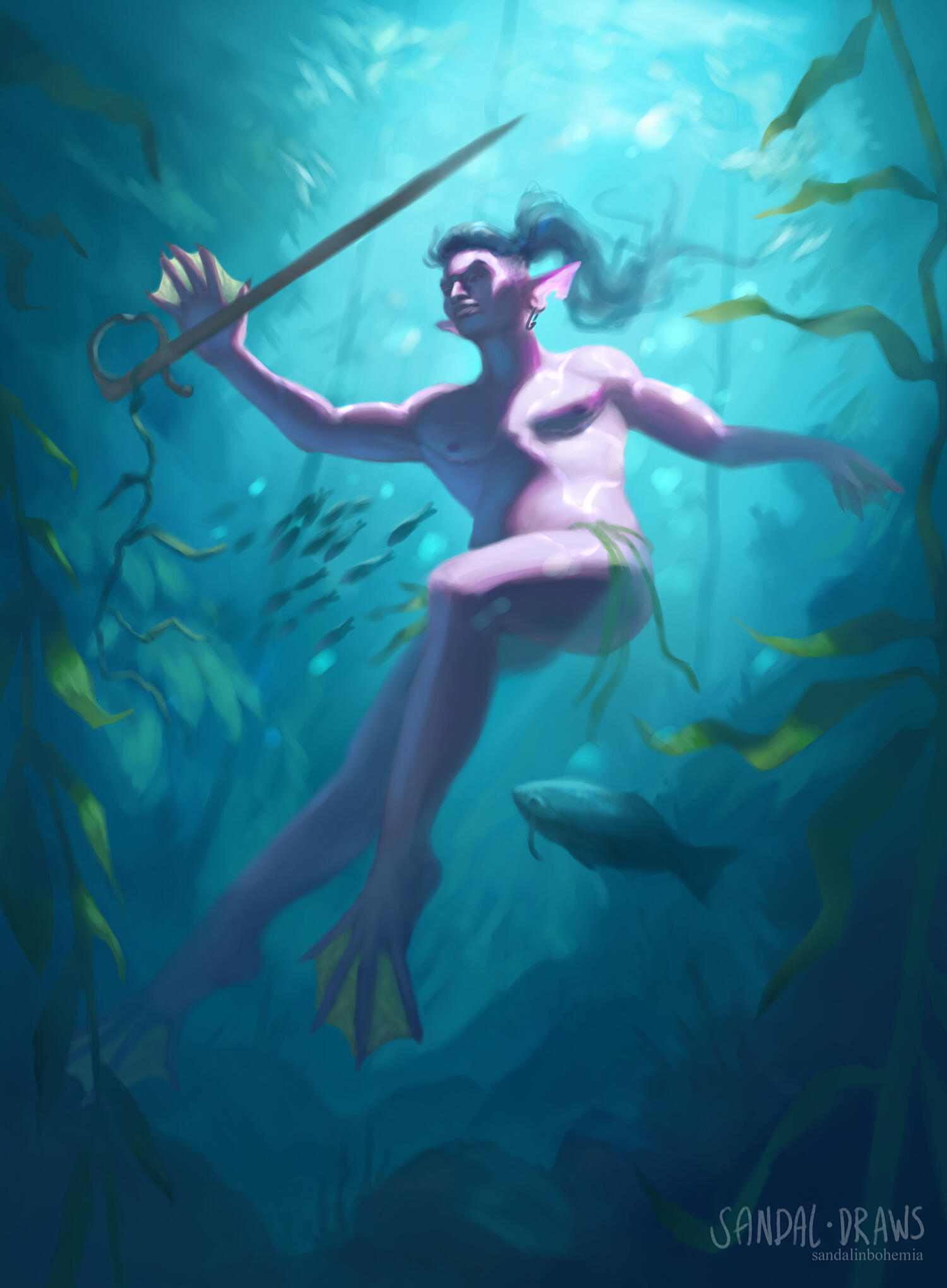 A digital painting of a mer-person finding a rusty sword underwater.