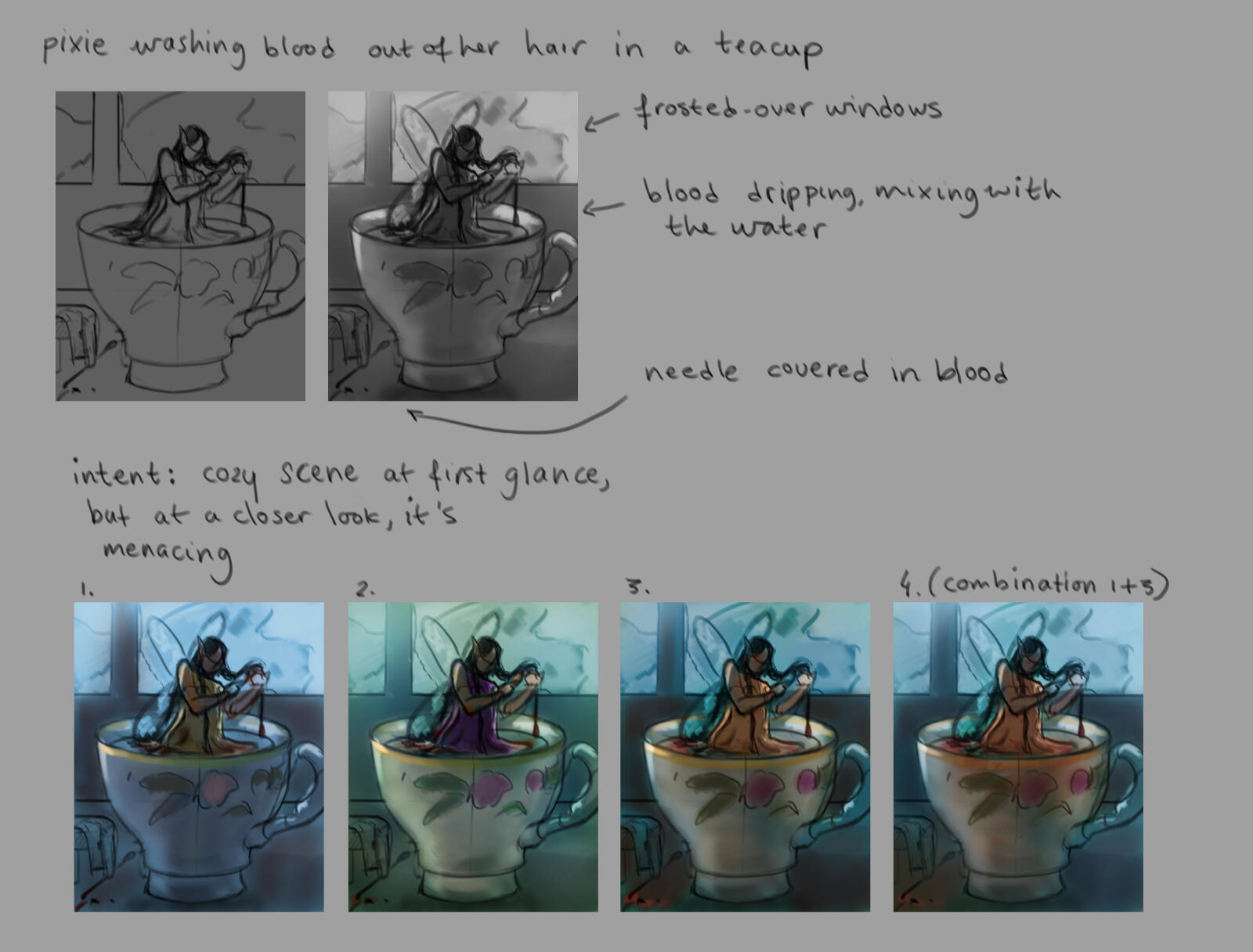 A sketch page with various color ideations of a pixie taking a bath in a teacup.
