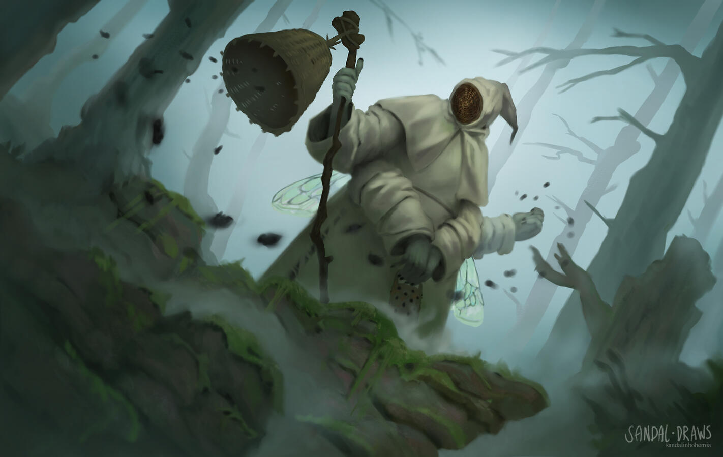 A digital painting of a medieval beekeeper with four arms on a cliff in a foggy forest.