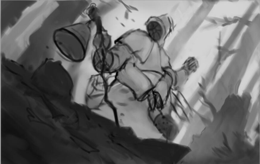 Greyscale sketch of a medieval beekeeper with four arms in a foggy forest.