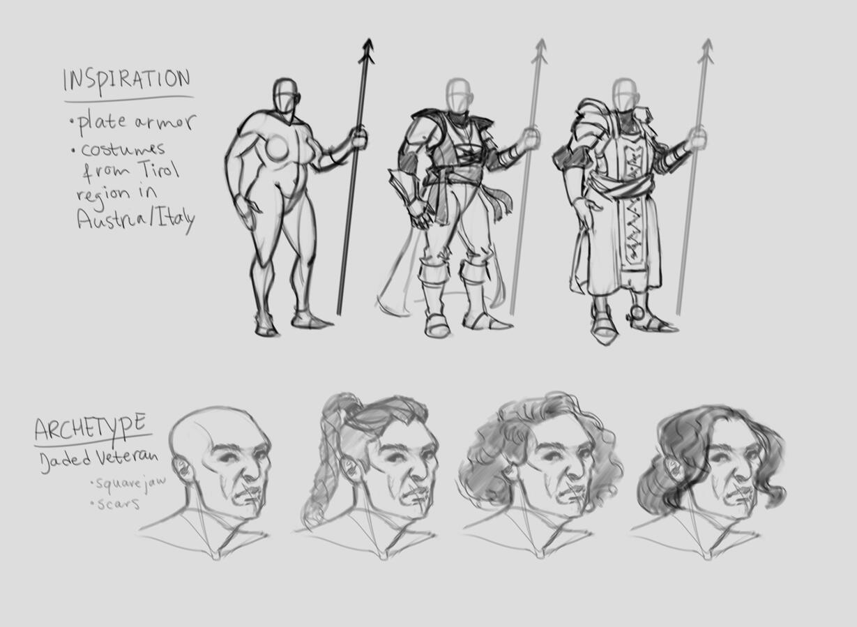 Digital drawing of an armored character design.