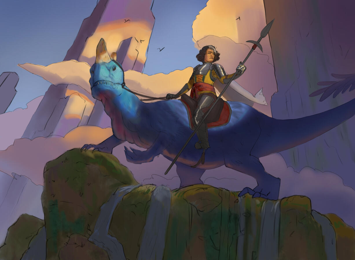 Digital drawing of a woman in plate armor atop a dinosaur on a cliff.