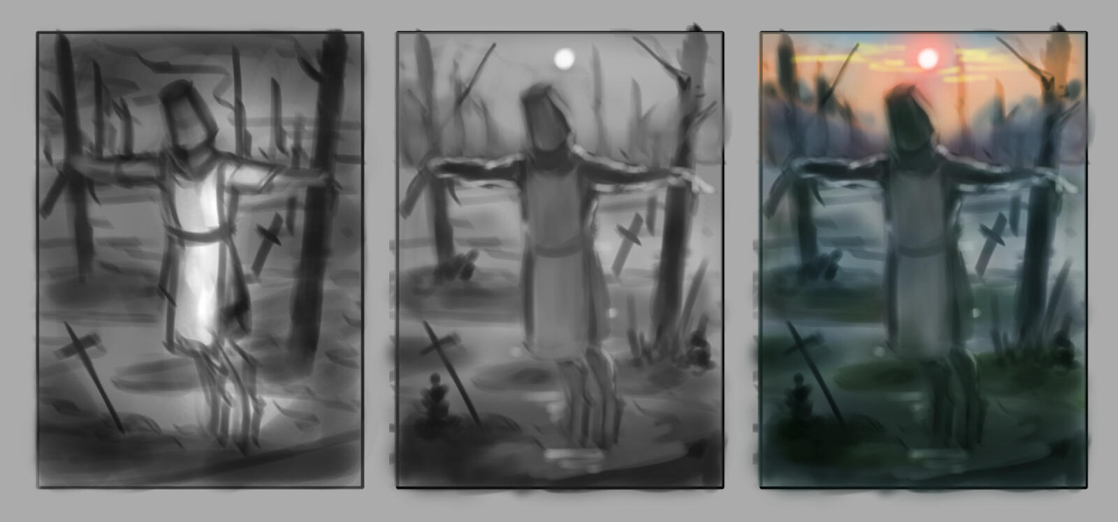 Thumbnails of a knight floating in a bog with a sword.
