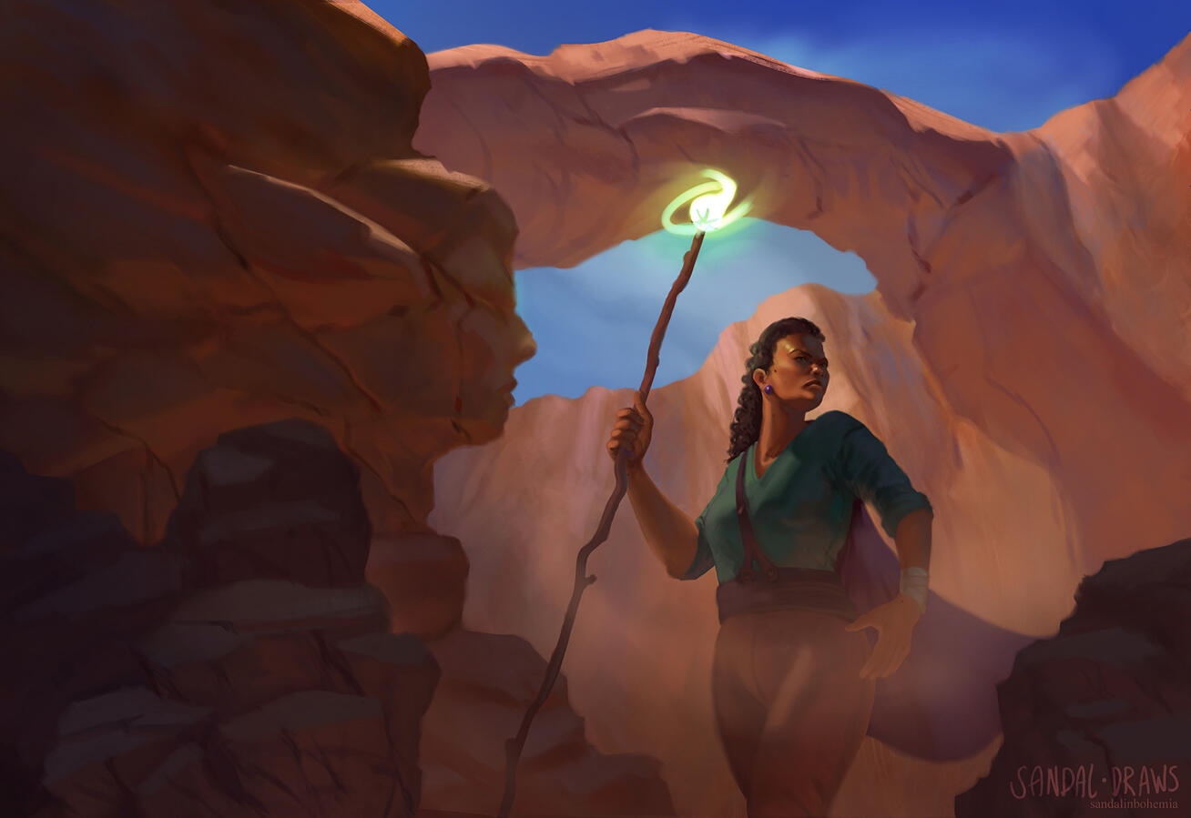 Digital painting of a woman with a staff in a canyon.