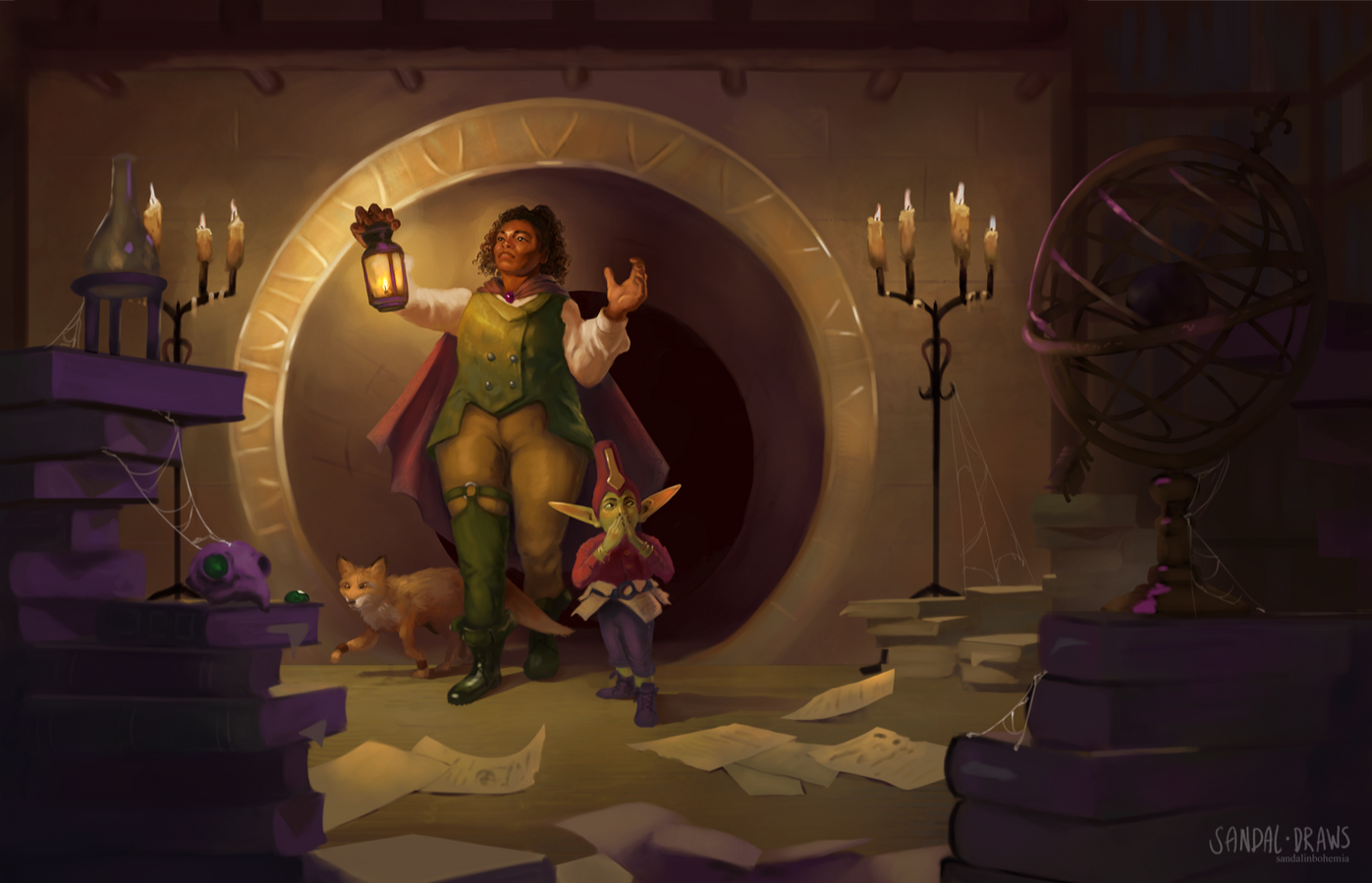 Digital painting of a woman, a fox, and a goblin in a guilded but dusty vault.