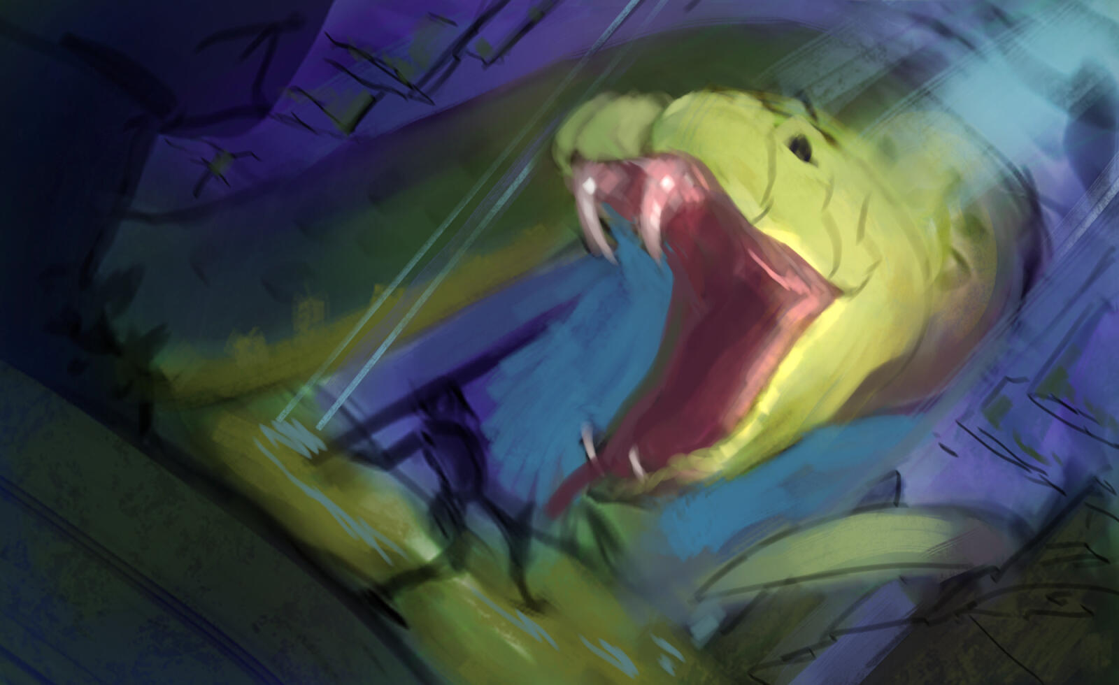 An unfinished digital painting of an elf fighting a giant snake in a cave.