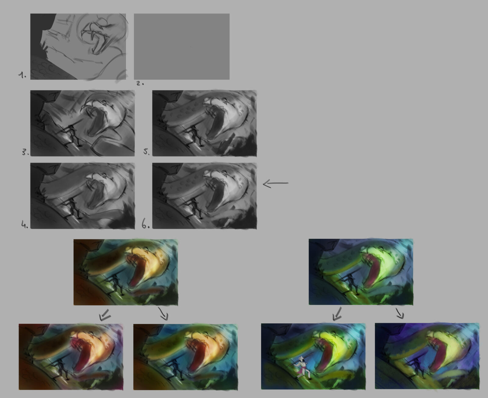 Digital thumbnails of a fight with a green snake.