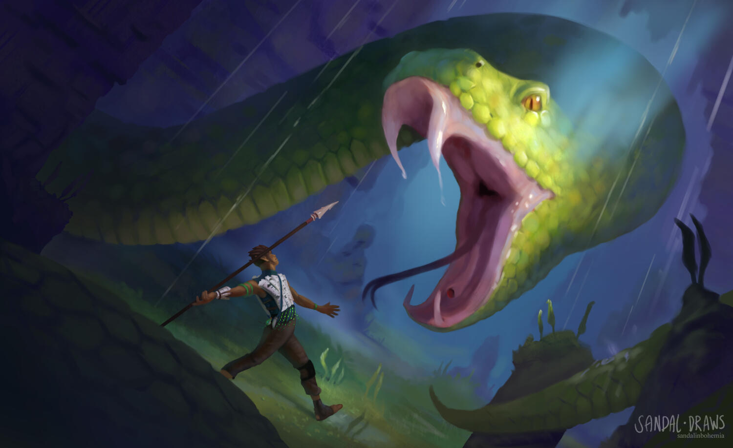 A digital painting of an elf fighting a giant green snake in a cave.