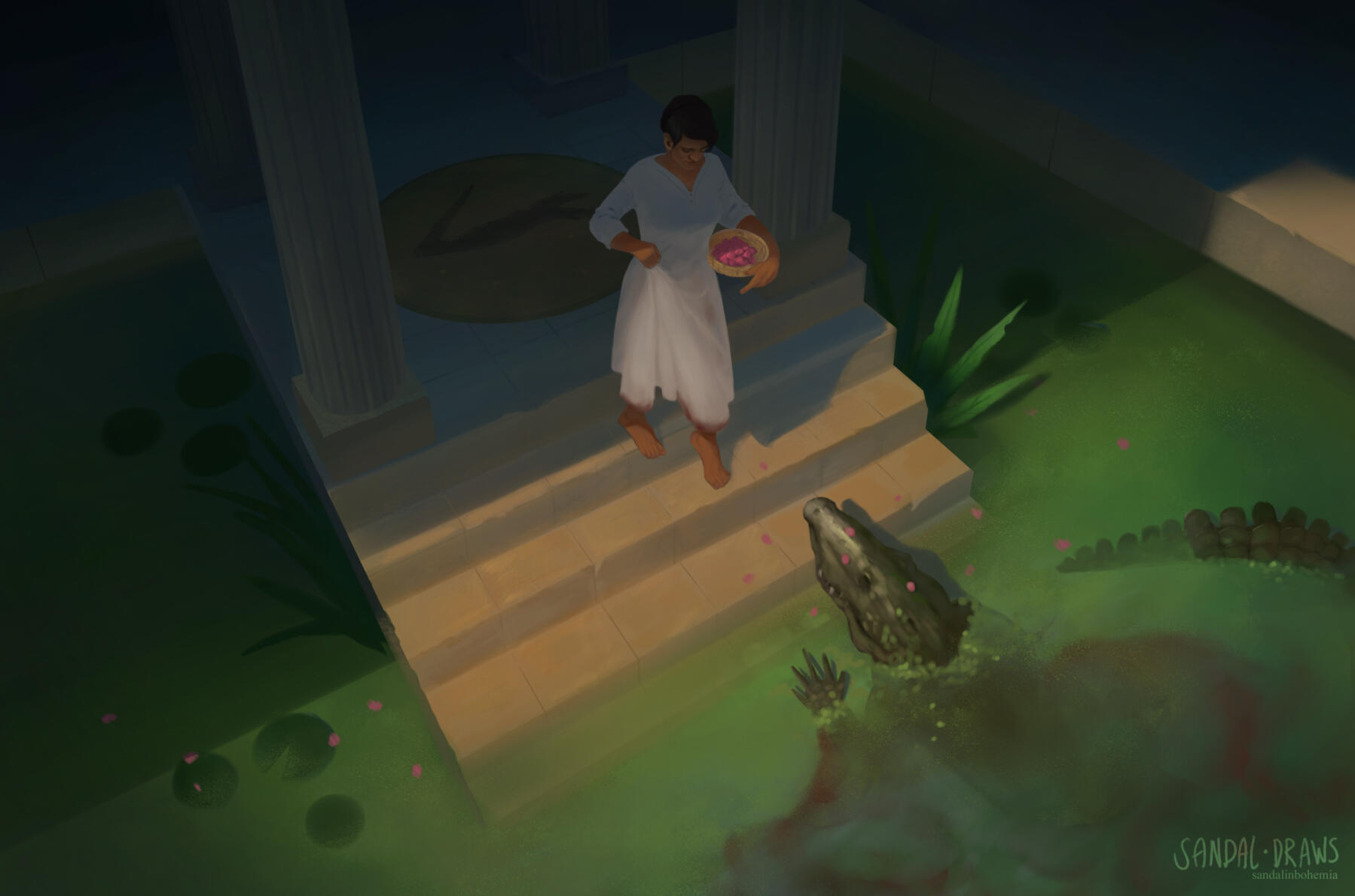 A digital painting of a woman feeding a crocodile down the temple stairs.