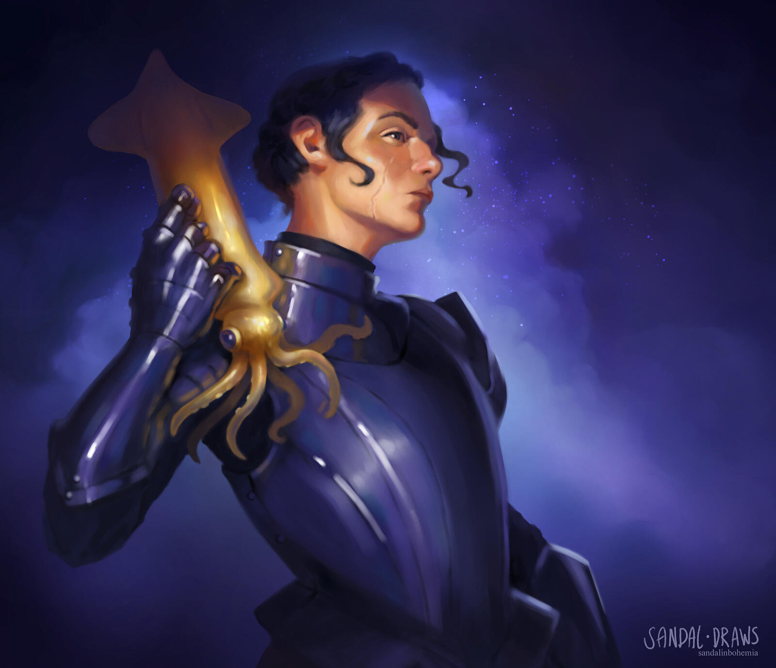 Digital painting of a white woman in dark armor caressing a yellow squid.