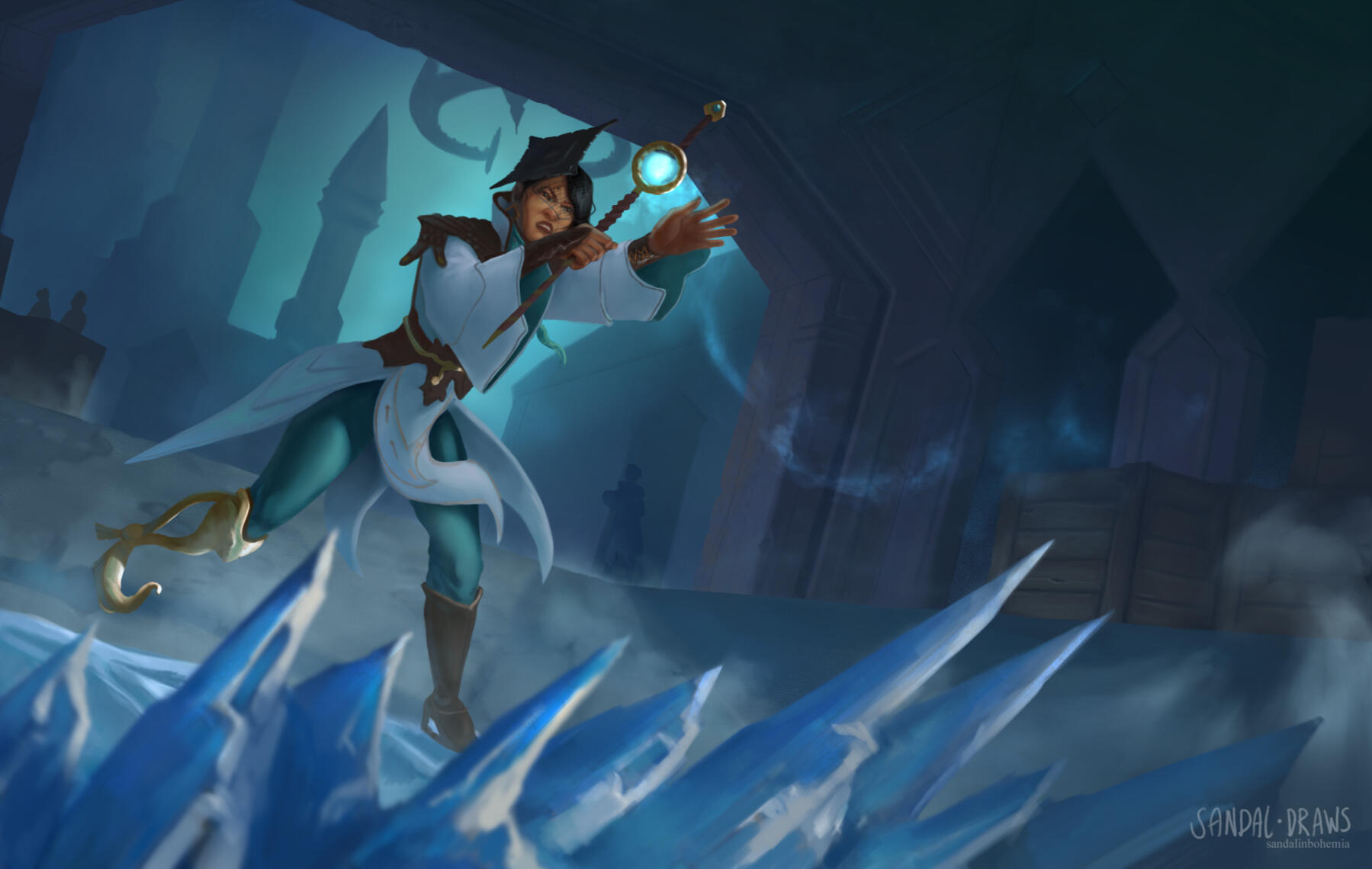 A digital painting of Neve Gallus of Dragon Age freezing a bay.