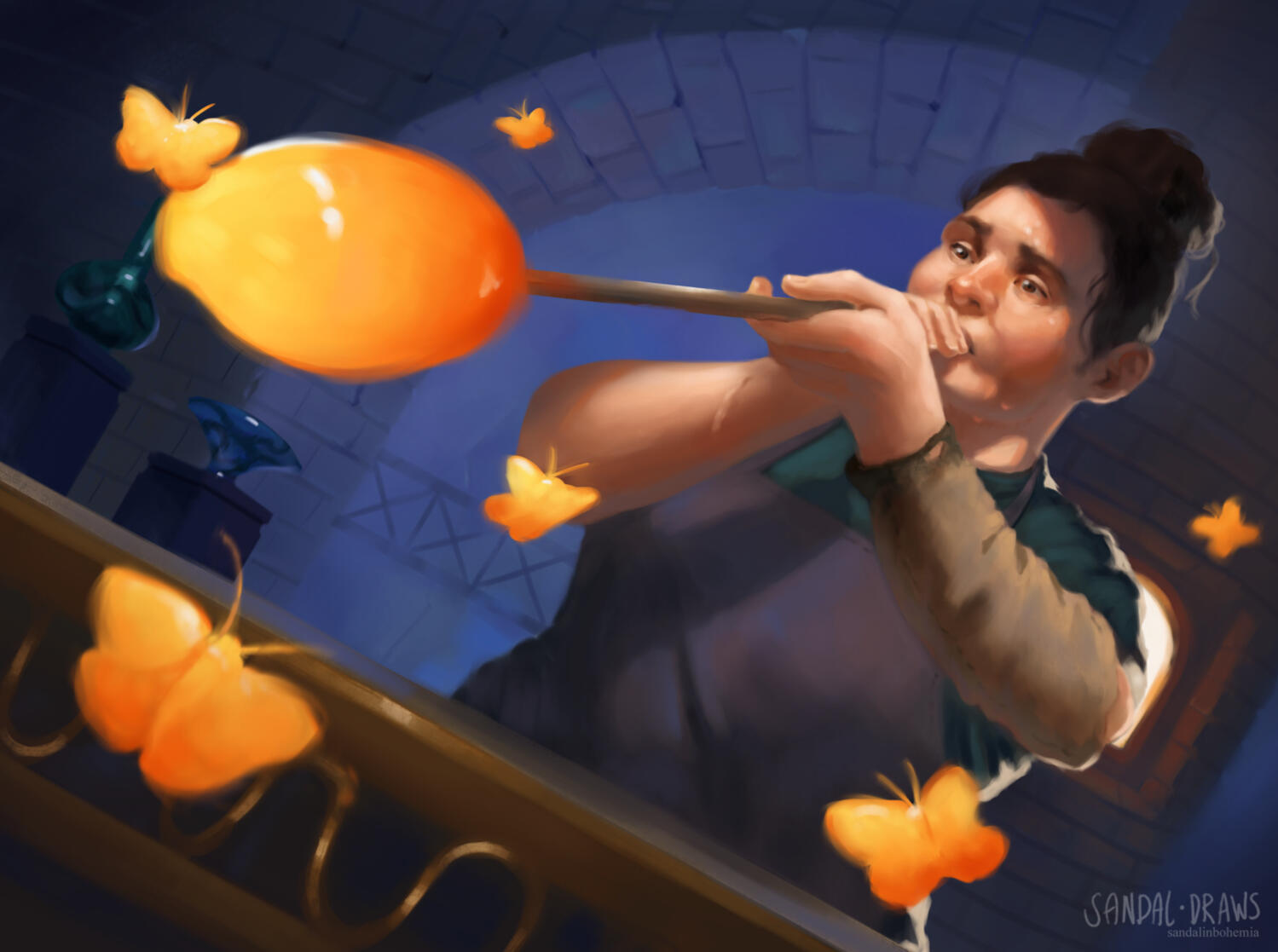 Digital painting of a woman blowing glass with glass butterflies around her.