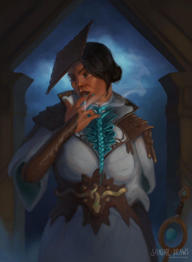 A digital painting of Neve Gallus from Dragon Age smoking a cigarette.